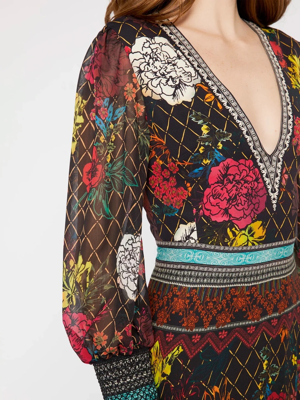 Alice + Olivia Janey V-Neck Floral Long Sleeve Midi Dress 0 - Picture 8 of 8